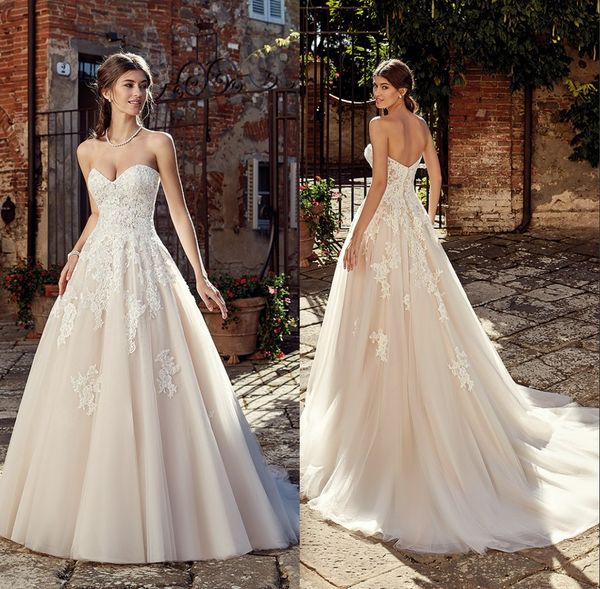 

princess sweetheart neck a line wedding dresses lace appliques backless tulle bridal gown vestido de novia, White