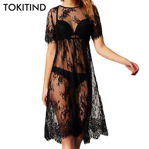

tokitind summer women swimsuit lace crochet bikini cover up swimwear beach dress pareo beach tunic cover ups capes dress, Blue;gray