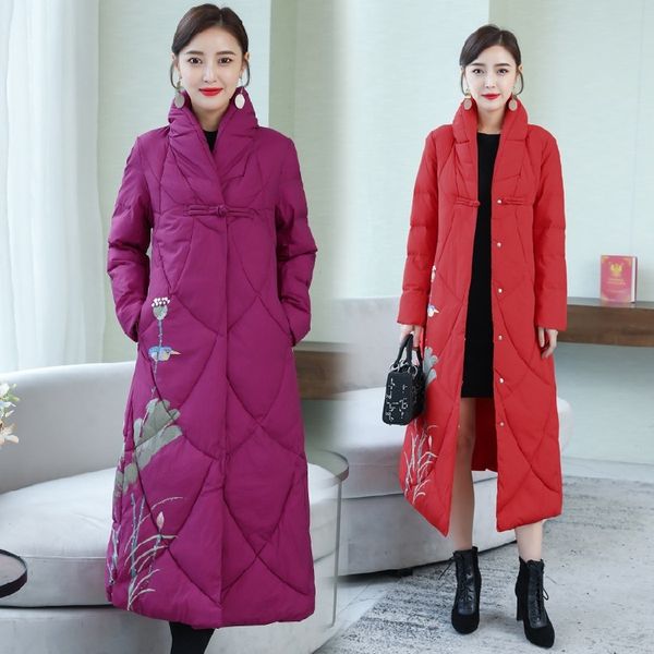 

in national customs cotton-padded clothes woman 2019 winter stand lead printing skinny long cotton button nation wind loose coat, Black
