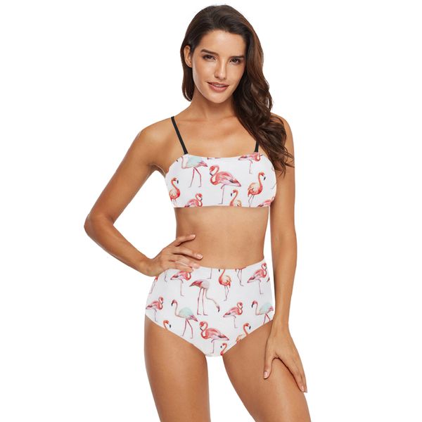 

women's custom bikini set flamingo printed tankini two piece halter high waist bathing suit swimsuit white, White;black