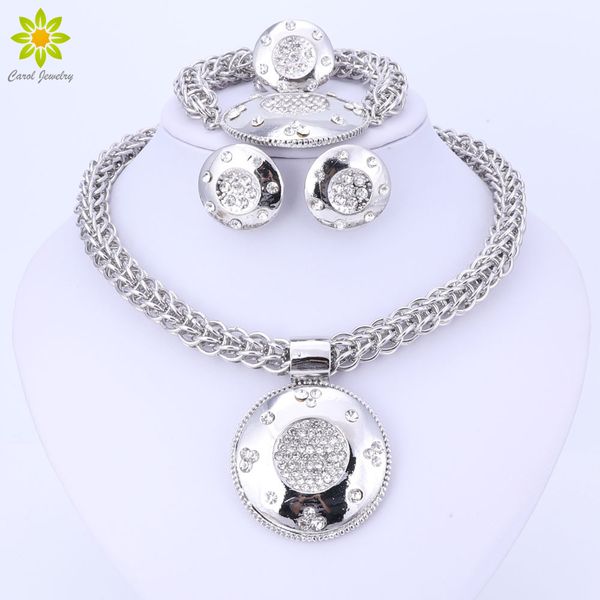 

fashion new big african wedding bridal costume jewelry sets silver color big pendant crystal necklace earrings sets for women, Slivery;golden