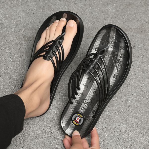 

cowskin fashion designer flip flops mens outdoor moccasins traveler flip flops nonslip striped pattern tourist slippers z87, Black