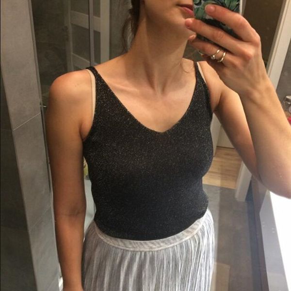 

wholesale glitter knitted tank women camisole vest gold thread sequined stretchable slim shirt summer, White