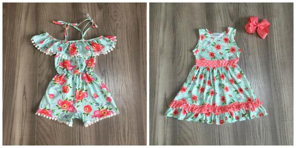 

лето baby girls dress коралловый цветочный общий помпон без рукавов детская одежда бутик рябить молочный шелк длиной до колен матч лук, White