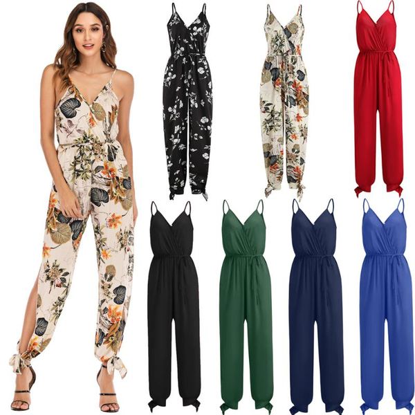 

wepbel women casual backless jumpsuit strap siamese trousers deep v-neck drawstring pure jumpsuit print sleeveless combinaison, Black;white