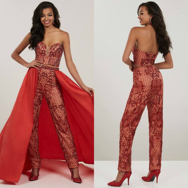 2019 Moda Vermelho Macacões Vestidos de Baile Querida Com Desmontável Train Lace Calças Ternos Vestidos de Noite Plus Size Formal Wear robes de soiré