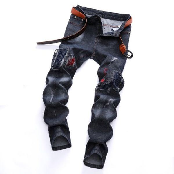 

fashion trends autumn and winter new men's jeans black hole do old motorcycle trousers european and american trend men's trousers, Blue