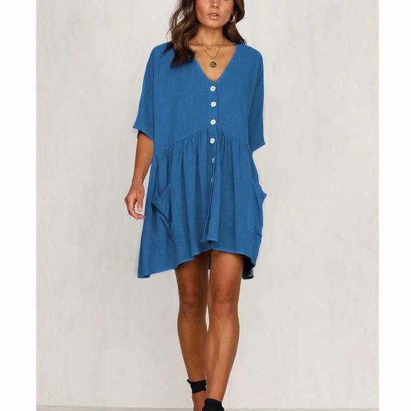 

women new half sleeve loose casual dress 2019 female summer v neck button short dresses holiday beach wear sundress new femme, Black;gray