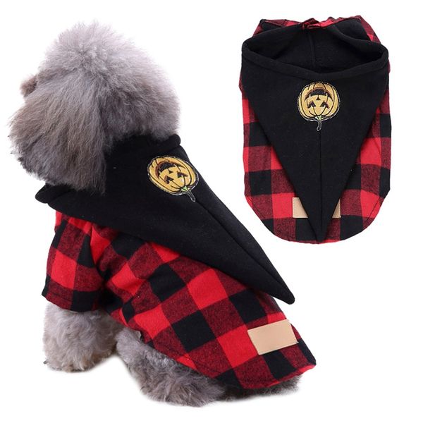 

pet dog winter clothes red and black plaids clothes coat with funny pumpkin printed hat pet halloween cosplay clothing jacket