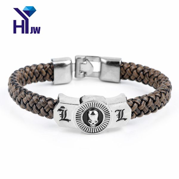 

heyu charm jewelry japanese anime death note night god l logo alloy bracelet leather weave wristband, Black