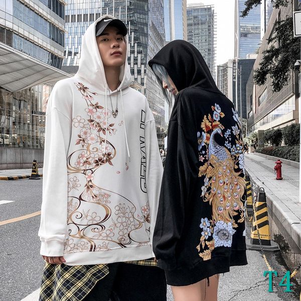 

men's hoodies autumn winter women hooded hip hop hoodie with peacock print loose couple clothing size s-xlt4, Black