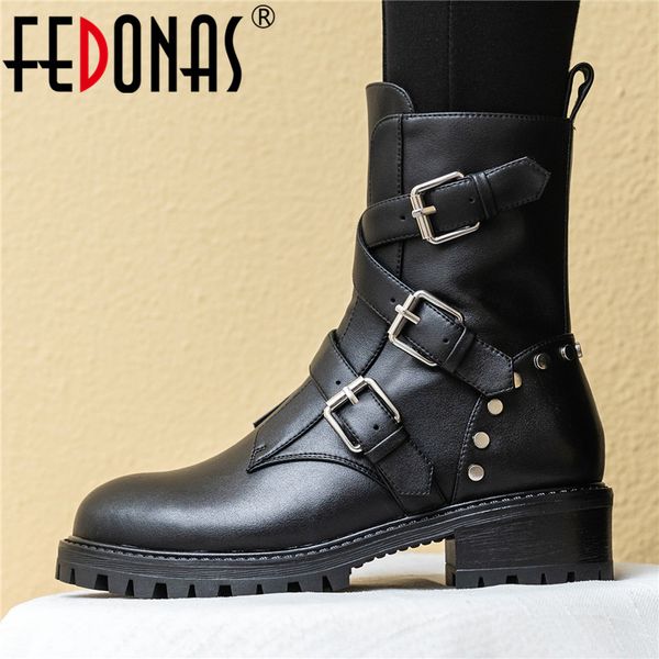 

fedonas genuine leather motorcycle boots 2020 new punk women autumn winter warm ankle boots buckle party night club shoes woman, Black