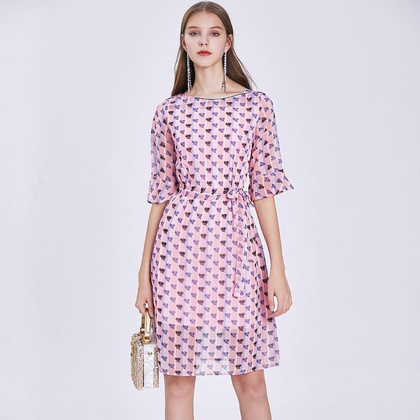 

new arrival runway elegant women summer pink floral printed dress female vintage chiffon bow belt evening party dresses vestido, Black;gray
