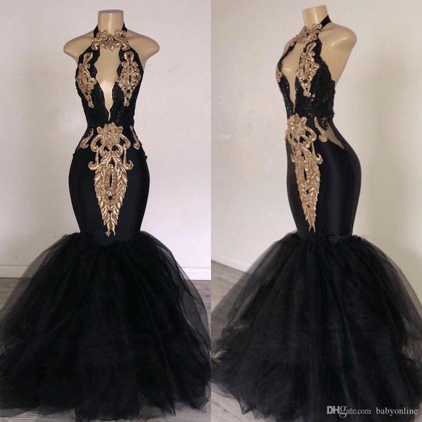 2019 Sexy Black and Gold Prom Dresses Halter Longo Lace Applique até o chão Mermaid Evening vestidos Plus Size formais vestidos de festa