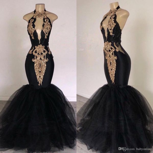 

2019 Sexy Black and Gold Prom Dresses Холтер длинные кружева аппликация длина пола Русалка вечерние платья плюс размер вечерние платья