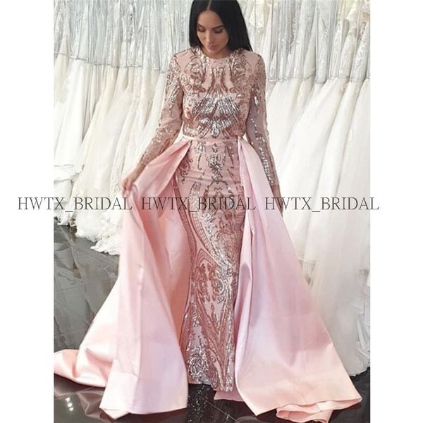 

arabic dubai 2020 evening dress detachable train gorgeous lace pink long sleeves mermaid formal gown vestidos de fiesta de noche, White;black