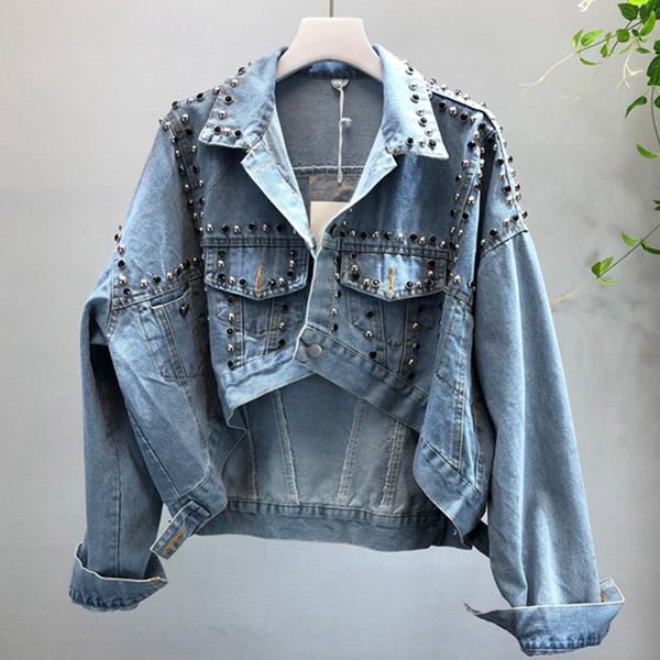 

yingyuanfang fashion new product heavy work rivet short short long irregular loose denim jacket coat female, Black;brown