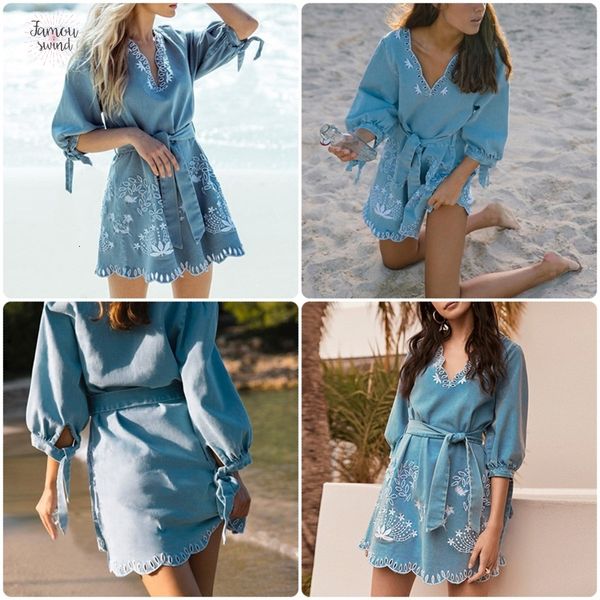 

summer dresses v neck embrodiery denim dress women blue sashes short elegant long sleeve jeans casual holiday ladies beach dress, Black;gray