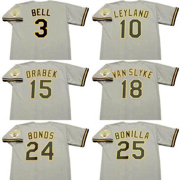 

men 3 jay bell 10 jim leyland 15 doug drabek 18 andy van slyke 24 barry bonds 25 bobby bonilla pittsburgh 1992 baseball jersey, Blue;black