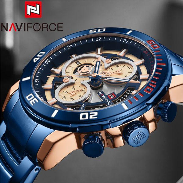 

naviforce men watch date sport man wristwatch blue chronograph stainless steel quartz male clock 9174, Slivery;brown