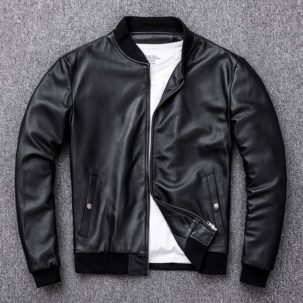 

2020 casual sheepskin genuine leather jacket men short baseball uniform simple black slim fit leather coat