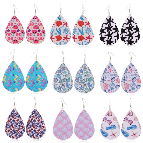 

fashion ocean style pu leather earrings waterdrop printed starfish pattern leather eardrop dangle charm pendant ear hook women jewelry, Silver