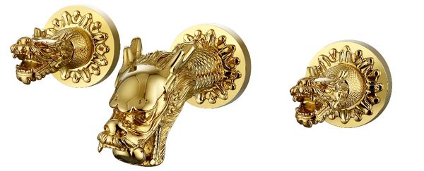 

ti-gold pvd dragon design widespread bathroom lavatory sink faucet wall mounted unique tap