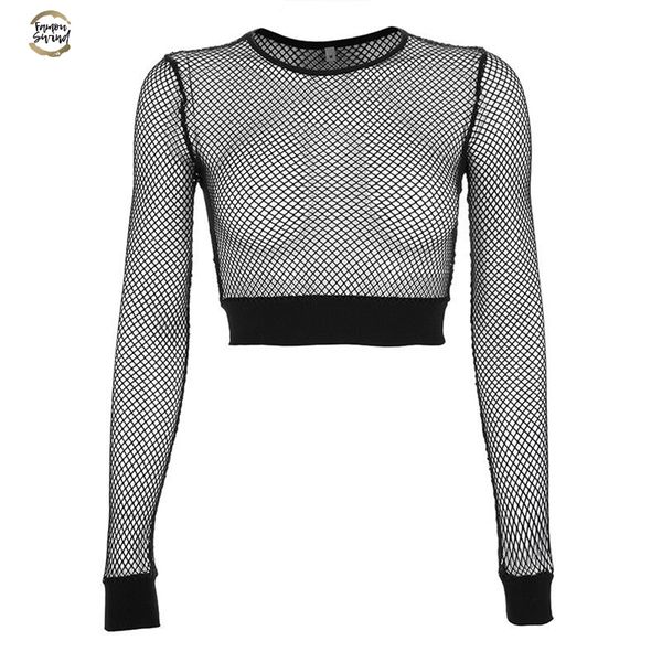 

t-shirt solid black mesh lange mouwen perspectief mesh visnet crop t-shirt drop shipping, White