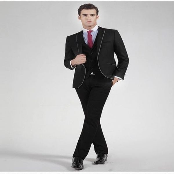 

popular black groom tuxedos peak lapel groomsmen mens wedding dress excellent man jacket blazer 3 piece suit(jacket+pants+vest+tie) 708, Black;gray