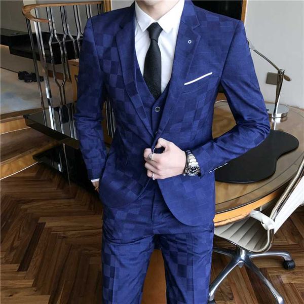 

3pcs/set luxury mens suits set latticeformal blazer pants vest marriage tuxedo male business suit set terno wedding mens suit, White;black