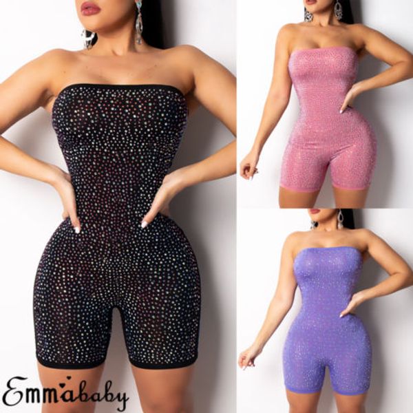 

new rhinestone bandeau playsuit women sleeveless clubwear playsuit jumpsuit bodycon party jumpsuit romper short pants, Black;white