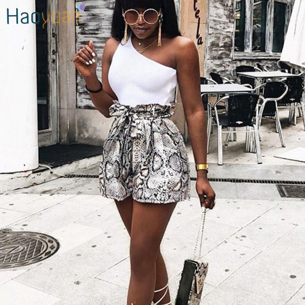 

haoyuan women snakeskin shorts elastic high waist sashes 2019 vintage snake print casual loose short pants lace up shorts, White;black
