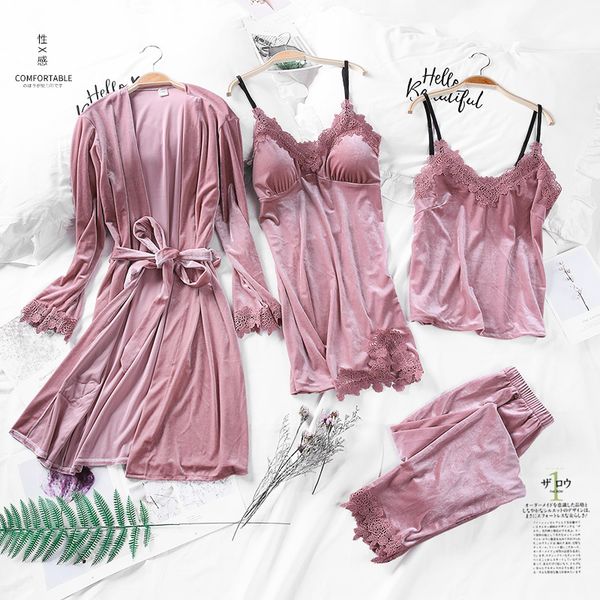 

autumn and winter 2019 velvet sleepwear suit female sleeping dresses sleepwear four suits of velvet can be weared outside, Black;red