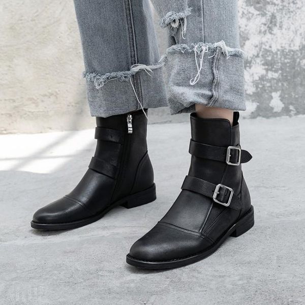 

runway ankle boots for women two metal buckles womens shoes round toe chunky heels zapatos de mujer side zipper botas ladies, Black