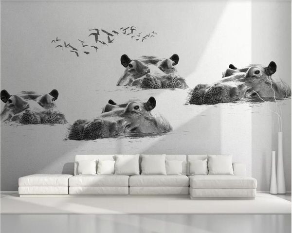 

3d room wallpaper custom p mural nordic minimalist hippo flying bird black and white background wall paper mural wallpaper for walls 3 d