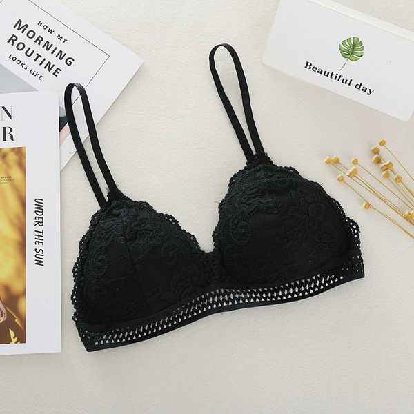 

women's shapers deep v lace openwork underwear female cotton lining bra solid color hollow triangle cup tube intimates, Black;white