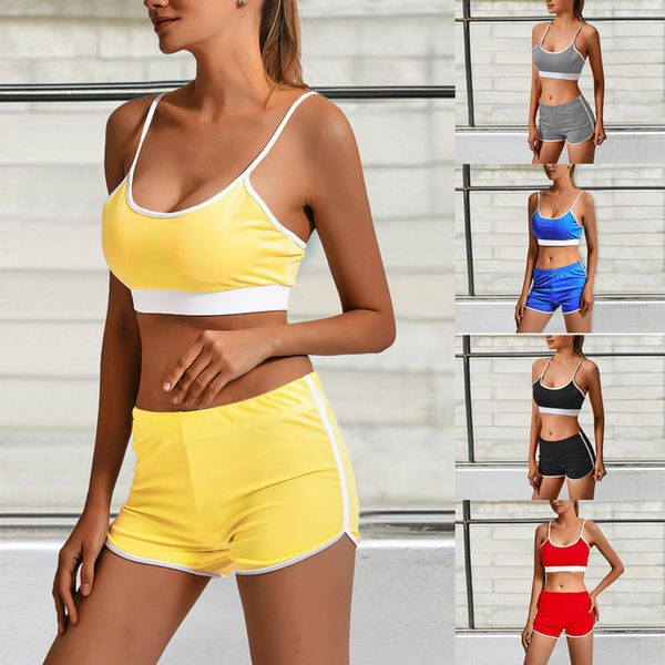 

2019 women 2pcs yoga suit workout gym casual running sports bra sleeveless vest shorts athletic set summer crop tracksuit, Black;blue