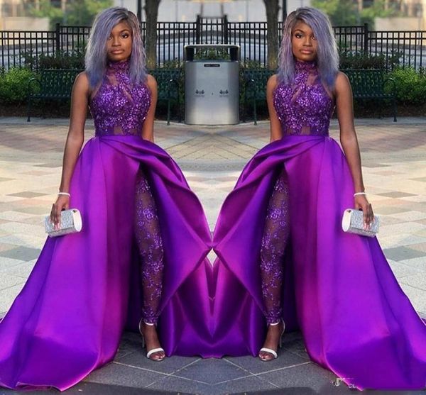 

classic jumpsuits prom dresses with detachable train high neck lace appliqued bead evening gowns luxury african party women pant suits, Black;red