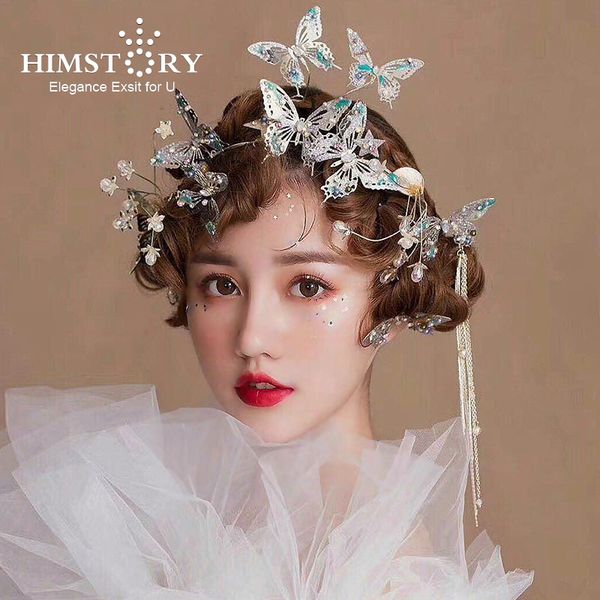 

himstory beautiful flying gold butterfly wedding hairbands party evening dress blue butterfly hairpins jewelry hair accessories, Golden;white
