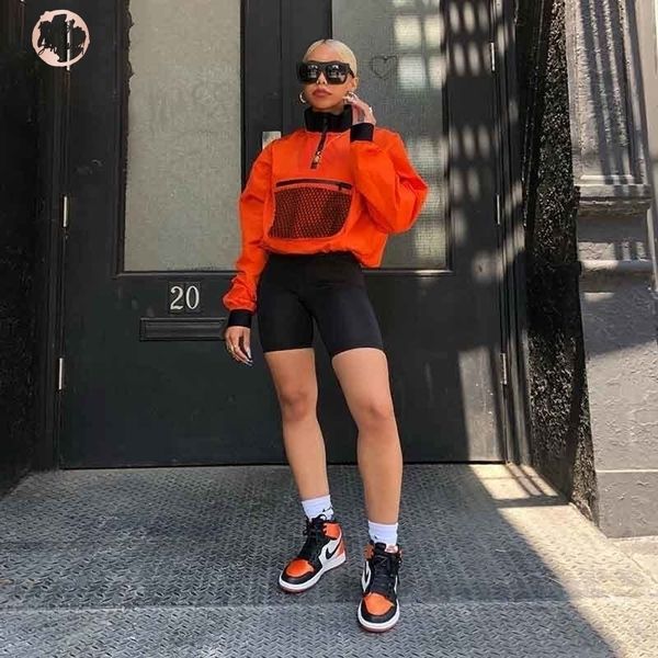 

women orange half open collar long sleeve loose crop new chest autumn mesh decoration regular sweatshirt casual coat, Black