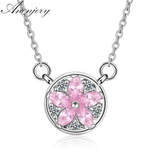 

925 sterling silver pink crystal cherry blossom flower pendant necklace for women chain necklce choker