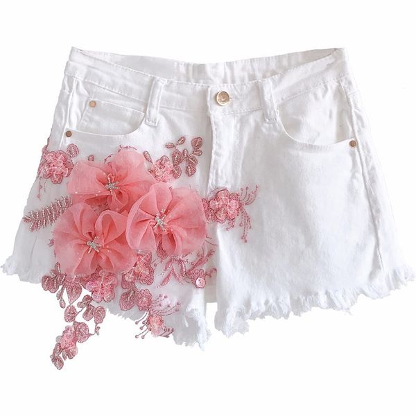 

sequined appliques elastic cotton white denim shorts women summer plus size 2019 new arrivals, Blue