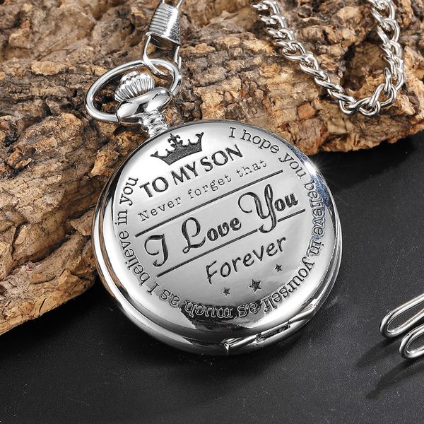

bronze customized vintage to my son quartz pocket watch roman numeral display pendant clock birthday for boys gifts dropshipping, Slivery;golden