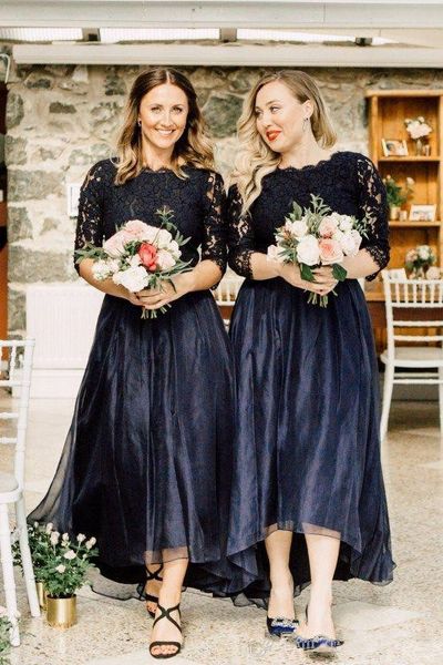 

elegant plus size black hi-lo bridesmaid dresses jewel neck half sleeve lace a-line maid of honor dress organza short prom gowns 52, White;pink