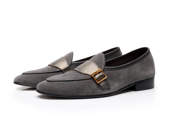 

suede and leather patchwork men casual shoes slip on buckle loafers fashion driving casual shoes men black grey