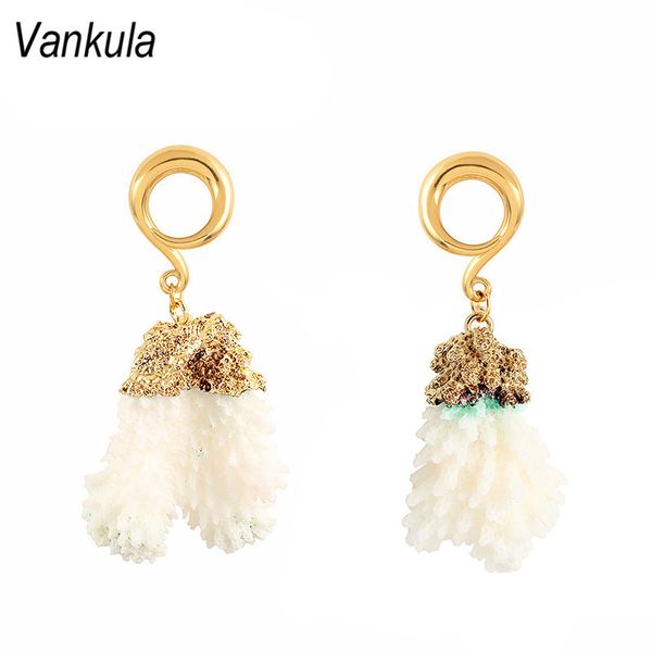 

vankula 2pcs natural stone ear flesh tunnel ear weights 316l stainless steel hook piercing hangers, Slivery;golden