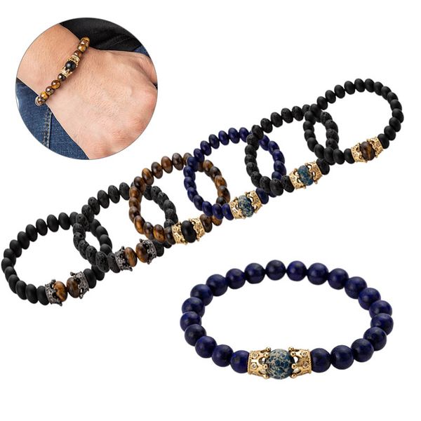 

men natural stone tiger eye lava rock bracelet elastic beads bangle bracelet, Black