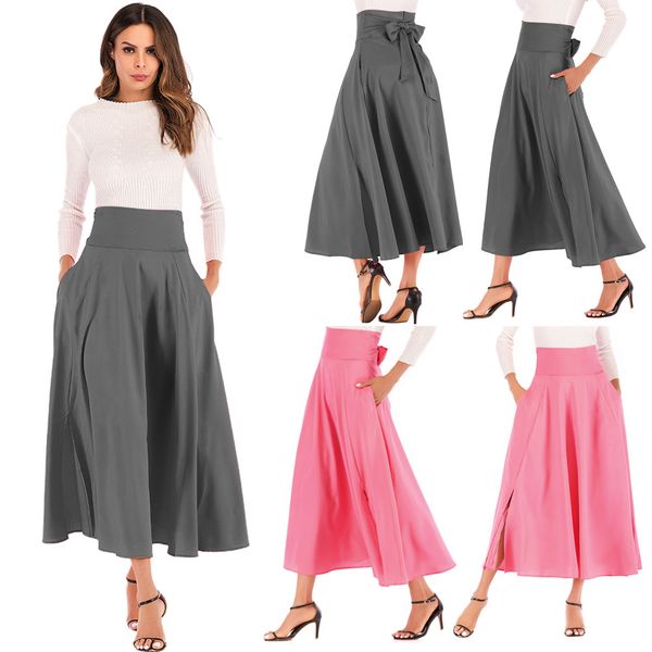 

womail women skirt summer casual high waist pleated a line long skirt front slit belted maxi midi daily 2019 dropship f8, Black