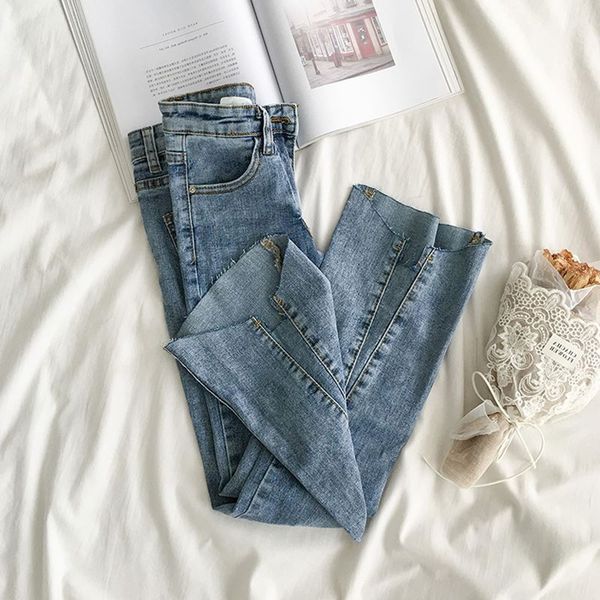 

jeans for women female high-waisted jeans mon micro elastic cotton bell-bottom washed denim leg pants, Blue