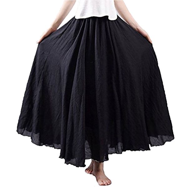 

women vintage colors summer linen pleated retro swing long skirt elastic waist cotton elastic waist bust skirt, Black